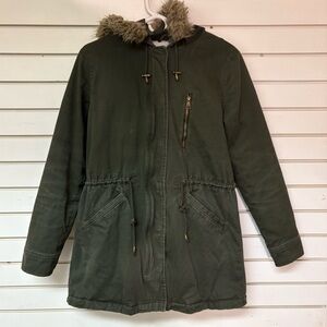 Banana Republic Womens Small Faux Fur Twill Parka Green Warm Super Soft Cotton